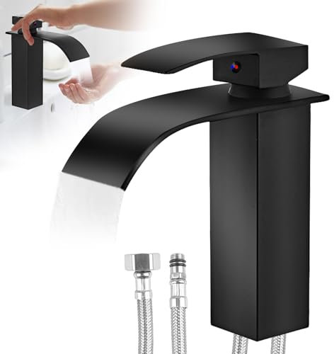 WIYETY Touch-On Rubinetto da bagno nero – Rubinetto a cascata opaco con protezione impronte digitali | Miscelatore monocomando e tubo in acciaio inox da 60 cm | certificato DVGW | per bagno e WC degli