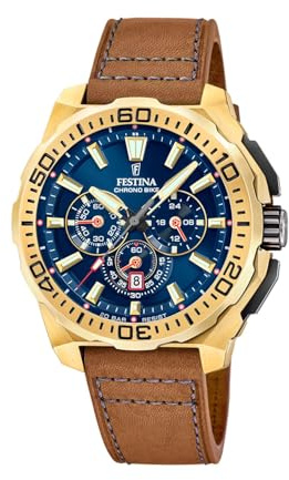 Festina Herrenuhr Analog aus Leder Braun F20728/1 | Quarzwerk, Chronograph, Kalender, Widerstandsfähiges Mineralglas