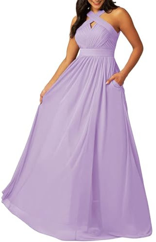 KURFACE Abito da damigella d'onore da donna in chiffon con tasche plissettate lungo abito formale da festa, Lilla, 62 Più