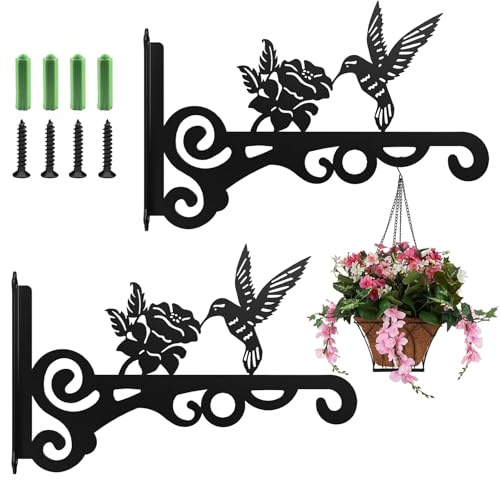 2 Packs Iron Plant Hanger,Rust-Resistant Metal Hanging Basket Brackets,Decorative Flowers and Birds Silhouette Design Wall Hanging Hooks,Plant Hooks for Garden Plants Bird Feeders Lanterns Wind Chime
