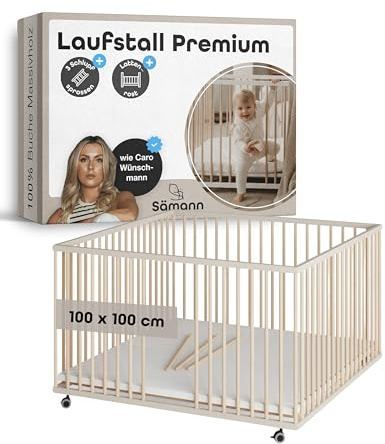 Sämann Laufstall Baby mit Lattenrost & 3 Schlupfsprossen I Sahara Dust/Natur 100x100 cm I höhenverstellbares Laufgitter aus Holz I stabiles Babybett I Premium Krabbelgitter sicher & mitwachsend Babys