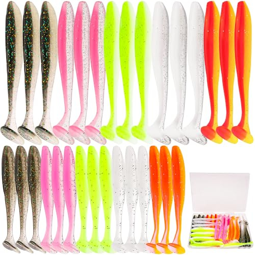 Vhxmaizxn 30pcs Soft Plastic Fishing Lures Paddle Tail Swimbaits Soft Baits Lure for Bass Crappie Trout Shad Freshwater Saltwater Fishing Mixed 3.5 Inch 4.7 Inch Swim Bait Kit with Box
