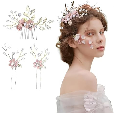 JYNVO 3 Pièces Pince Accessoires Cheveux Mariage, Peigne et Pinces à Cheveux Perle de Mariée de Bijoux en Pétale Cristal Pour Femmes Et Filles