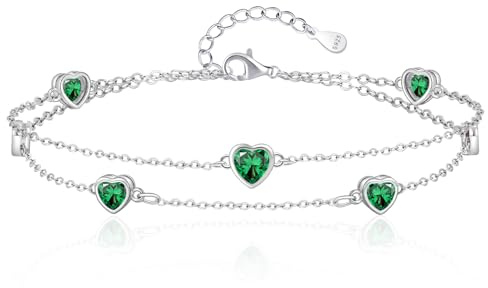 Tusuzik Bracciale Donna Argento 925 Con Cuore Doppia Catena Regolabile braccialetti Gioielli pietra natale braccialetti Cuore Regalo Donna Compleanno per Moglie Mamma Fidanzata Amica(Verde)