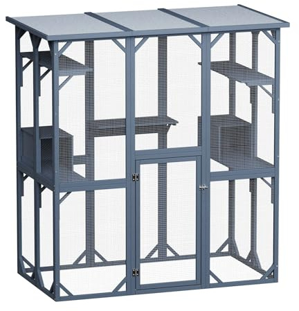 Wiltec Freilaufgehege Katzen 1705 x 925 x 1810 mm, Katzenfreigehege Holz mit Asphaltdach, Außengehege Verschiedene Ebenen, Katzengehege für Garten, Balkon