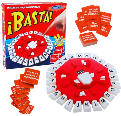¡BASTA! Brädspel på spanska, 2 spellägen, åttkantig design med 24 bokstäver, ordspel, innehåller 35 kort med 140 kategorier, perfekt för barn och vuxna (röd och vit)