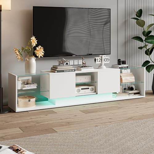 Meuble TV LED, Meuble TV Blanc Brillante, Armoire De Télévision avec 2 Tiroirs, étagères Ouvertes en Verre, Meuble Tele, Moderne Table Television pour Salon Ou Chambre, 200x35x45 cm, Blanc