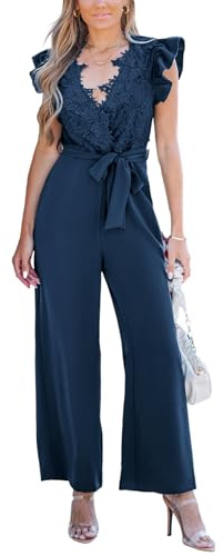 CUPSHE Robe de soirée en dentelle maxi pour femmes - Combinaison sans manches avec col en V, ceinture, poches et tenue d'ensemble, bleu marine, Large