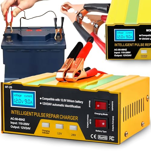 Retoo Autobatterie Ladegerät 12V/24V, Intelligentes Ladegerät für Auto,10A Motorrad, Boot, LCD-Display, Temperaturkompensation, Reparaturmodus, geeignet für AGM, Gel, Blei-Säure, 3Ah-300Ah