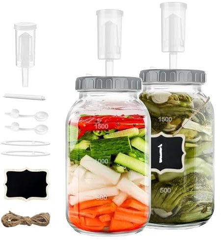 CAIEJSAEN 2 Stück Fermentationsglas 2L, Fermentiergläser mit Deckel und Gewicht, Gärbehälter, Sauerkrauttopf zur Herstellung von Sauerkraut, Kimchi, Eingelegtem, Alkoholischen Getränken usw