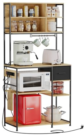 EGGREE Küchenregal mit Steckdosen 40 x 80 x 181,6 cm, Vertikale Küchenregale, Standregal Backregal Verstellbare Ablagen, Stoffschublade, Holztextur, 10 Haken,Küchenlager - Schwarz