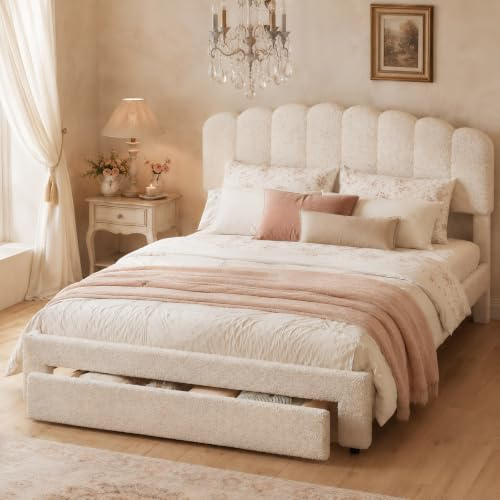 Teddy Beige säng 160 x 200 med ribbotten, höjdjusterbart huvud med USB-port, bagagesäng med förvaringslåda, modern vadderad sängram för 2 personer