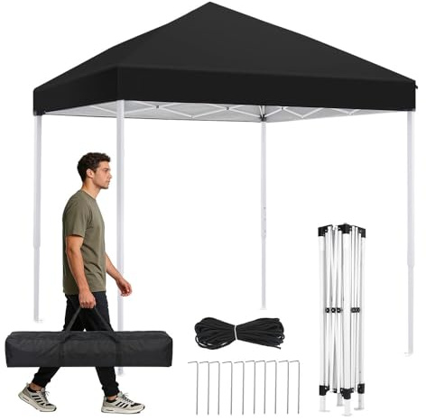 Pop Up Pavillon, Wasserdichter & UV-Schutz Faltpavillon aus 420D Oxford Stoff, Werkzeugfreier Schnellaufbau, Höhenverstellbar, Stabiler Gartenpavillon für Camping, Party, Outdoor (Schwarz, 2 x 2 m)