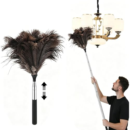 Ostrich Feather Duster Extendable 43-115cm, Telescopic Feather Duster for High Ceilings, Lights, Blinds, Cobwebs, Furniture & Car Cleaning, Soft Natural Feather Dust Cleaner