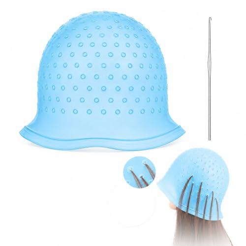 Blue Punched Hole Silicone Highlighting Cap with Hook Needle Reusable Hair Dye Cap Kit for Balayage Ombre Highlights Hair Coloring Tinting Salon Home Use