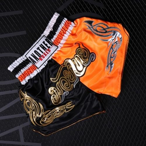 Short de MMA Muay Thai pour enfants et adultes, pantalon de kickboxing respirant avec taille élastique et style de combat imprimé pour l'entraînement (S orange + noir)