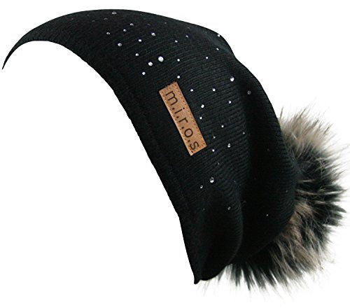 m.i.r.o.s Long Beanie Mütze Juliette Schwarz handgemachte Wintermütze Pompom