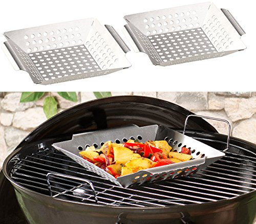Rosenstein & Söhne Grillschale Gemüse: 2er-Set Edelstahl-Grill-Schalen für Gemüse und kleines Grillgut, 1 mm (Grillschale Edelstahl, hitzebeständig Grill, Grillspiesse)