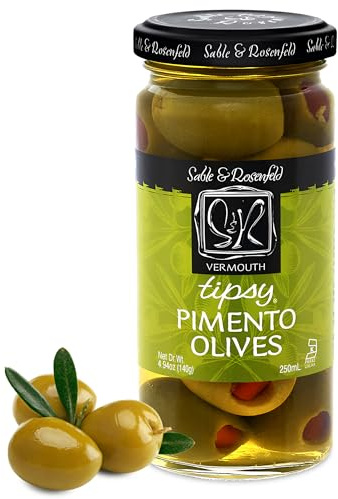 Sable & Rosenfeld Tipsy Olives - Green Olives Stuffed with Pimento - Colossal Cocktail Olives with French Vermouth for Bloody Mary Condiments, Martini Stuffed Olives - 4.94 oz (Pack 1)