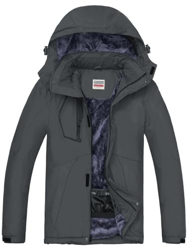 WULFUL Herren wasserdichte Skijacke Warme Wintermäntel Winddichte Winterjacken für Männer Fleece Gefüttert Windbreaker mit Kapuze, grau dunkel, XXL