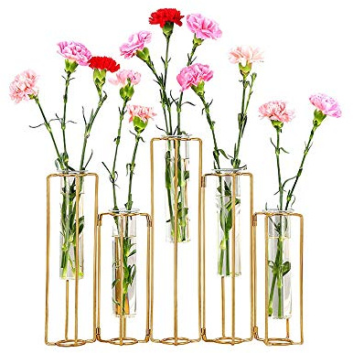 Hinged Flower Vases Test Tube Flower Vase with 5 Test Tubes Gold Metal Frame can be Bent and Contorted, Propagation Station Plant Holder Tubos De Ensayo for Home Wedding Decor, Balcony