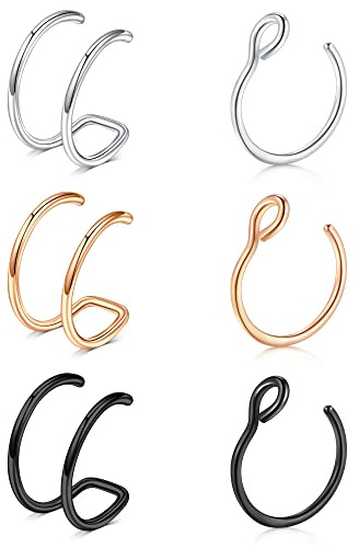 Briana Williams Fake Nose Rings Hoop Nose Cuff Non Piercing Double Fake Nose Ring Faux Clip On Nose Lip Ear Hoop Rings Non-Pierced Body Jewelry for Women Men