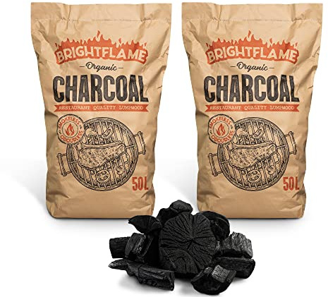 Brightflame Organic Restaurant Grade Lumpwood BBQ Charcoal for Barbecues, Pizza Ovens, Kamado bbq, Fire pits, Braai, Camping barbecue, and more, 50L bag (2x50L), Black (BF50)