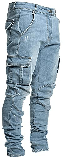 ZEZKT Pantalones Vaqueros para Hombre Pantalón Trabajo Hombre Skinny Jeans Bolsillo Lateral con Cremallera Pantalón Ajustado Elástico Vaqueros Vintage Rasgados Pantalones de Trabajo