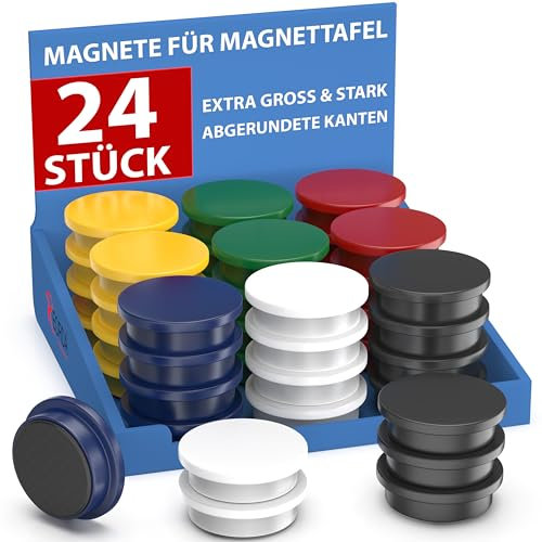 REORDA Magnete für Magnettafel stark - 24x für Whiteboard, Pinnwand, als Kühlschrank Magnete & Tafelmagnete stark haftend, Magnete rund - Bunt