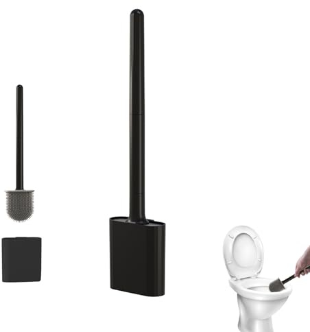 Brosse WC, Brosse Toilettes WC Silicone, Balai Toilette WC et Support, Brosse de Toilettes WC Noir, Balayette WC Suspendu Mural Salle de Bain sans Percage, Séchage Rapide, sans Odeur (Noir)