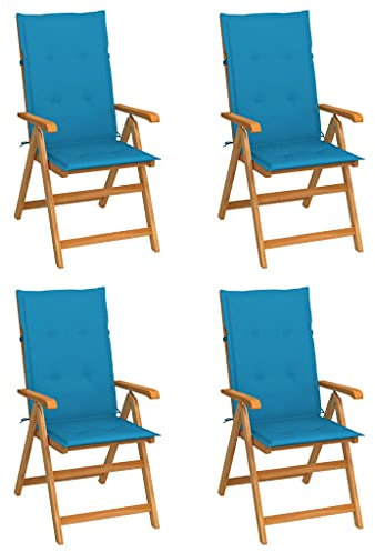Youuihom Freizeitstuhl für draußen Stühle für den Rasen Bistro-Stuhl Gartenstühle 4 STK. mit Blauen Kissen Massivholz Teak Geeignet für Terrasse, Rasen, Veranda, Garten, Hinterhof, Pool