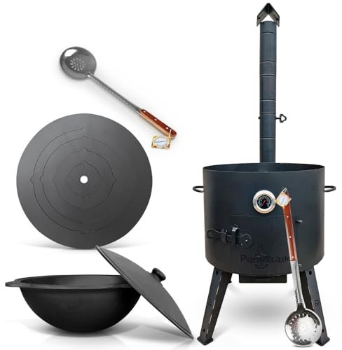 Feuerofen Ø 49cm Herdplatte Ø53cm Kazan Ø 52,7 cm runder Boden Thermometer Schornsteinverlängerung Schaumlöffel 64 cm x2,Holzlöffel,Schaumlöffel 48 cm,Schöpfkelle 48 cm,Holzspachtel (R22L-532)