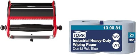 Tork 652108 Wandhalter in Rot Schwarz/Papierrollenhalter & Extra Starke Industrie Papierwischtücher Blau W1/2, Schützen Hände, 2 × 350 Blatt, 130081