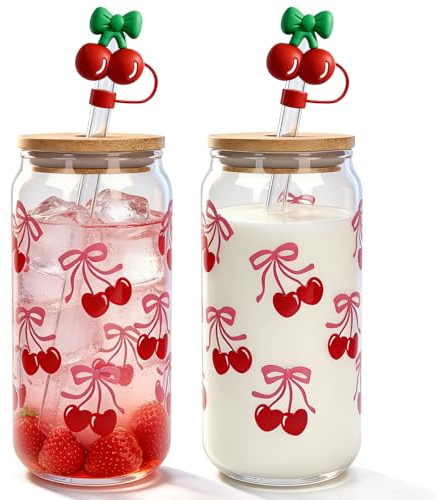Mason Life Lot de 2 tasses à café glacé en verre avec couvercles et pailles, motif cerises et nœuds en forme de cerise, joli gobelet à coquette pour adolescentes, filles, cadeau d'anniversaire pour