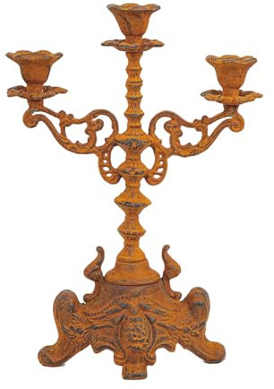 Sungmor Rusty Cast Iron 3 Arm Candelabra, 13 Tall Vintage Candlestick Holder, Decorative Taper Candle Holder, Pretty Centerpiece Candle Stand for Halloween, Christmas, Holiday Décor