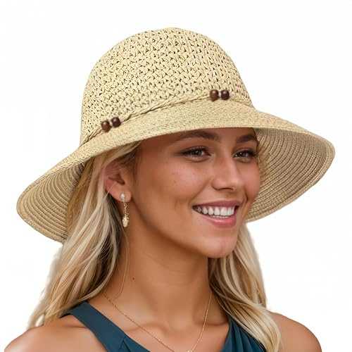Sombrero de ala ancha para mujer, sombrero de paja de verano para mujer, sombrero plegable, sombrero plegable para viajes con protección solar, Beige, S-M
