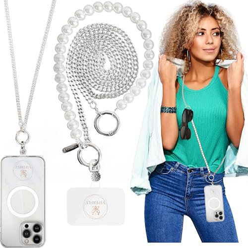 VIPERFLY Phone STRAP Crossbody Chain Stainless Steel Phone LANYARD Handmade Phone CHARM Strap 3in1 Metal Phone Lanyard CROSSBODY +WRIST Strap Chain+ Tether Tab PATCH Rotatable 360° Women Gift SILVER