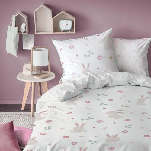 MATT & ROSE Parure de lit Enfant imprimée Petit Lapin 100% Coton | Blanc | Housse de couette 140x200 cm + 1 taie d'oreiller 63x63 cm | Réversible | Fermeture boutons | Certification Oeko-Tex