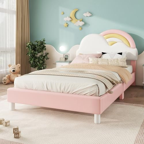Billg Polsterbett Kinderbett 90x200cm, Einzelbett Bettgestell mit Regenbogen-Wolken-Form Kopfteil und Lattenrost, Gepolstertes Bett, Jugendbett, Mädchenbett, PU Kunstleder