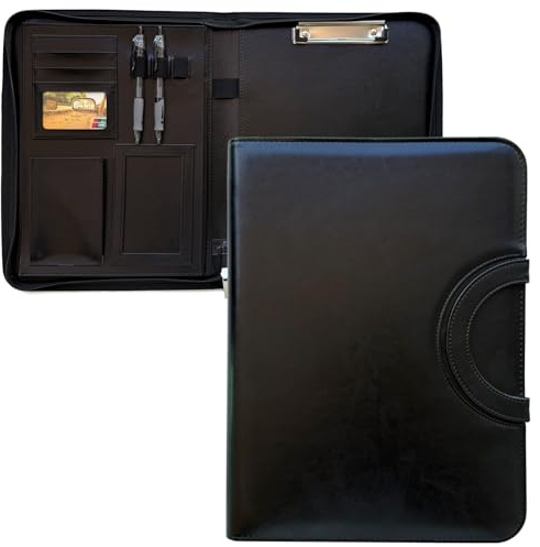 Lizipai Portable Conference Folder A4 Zipped Leather Portfolio Clipboard Document Organiser with Business Presentation Writing Pad with Portable Handle (Black)
