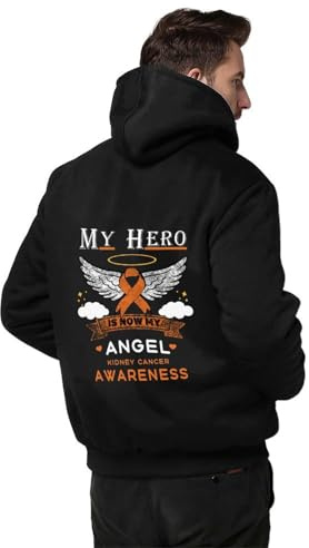 My Hero Is Now My Angel Kidney Cancer Awareness Men's Pullover Hoodie Jackets Sweatshirt,Patriotic Pattern Full Zip Warm Thick Coats Vintage Long Sleeve Jacket Gents 5XL