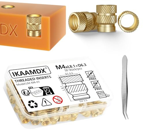 M4 Gewindeeinsatz – 50 Stück RX-M4Sx8.1 BLEIFREIE Gewindebuchsen aus Messing mit Pinzette– stabile Einpressmutter für Kunststoffteile – durch Wärme in 3D-Druck-Teile aus Kunststoff einschmelzen