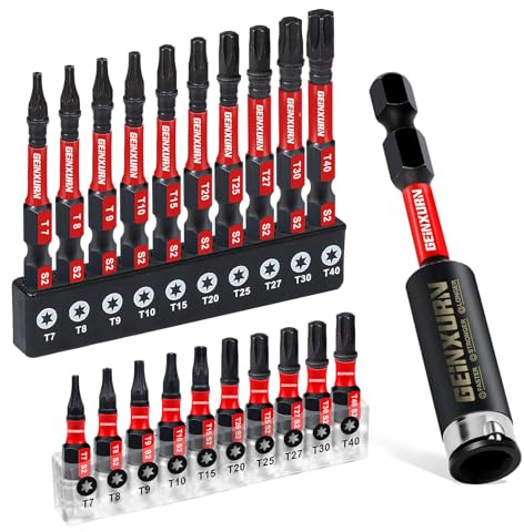 GEINXURN 21Stück T7-T40 Muti Torx Schraubendreher Bit Set 25mm 50mm Länge, Schlagfeste Magnetische Torx Kopf Power Bits 1 Stück 75mm Schlagbohrer-Halter, S2 Legierter Stahl Star Bit