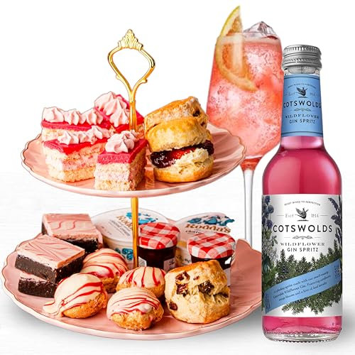 Patisserie Valerie Pink Gin Afternoon Tea Hamper - Gin Gift Hampers for Women - Cotswolds Wildflower Pink Gin Spritz, Cherry Brownies, Strawberry Cake, Scones, Clotted Cream, Jam