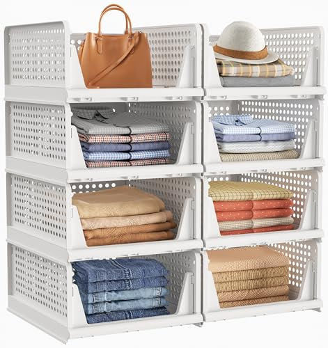 Wardrobe Storage Organiser, 8 Pack Stackable Clothes Storage Baskets Drawers, Folding Plastic Cupboard Organiser Shelves for Bedroom Wardrobe Bathroom