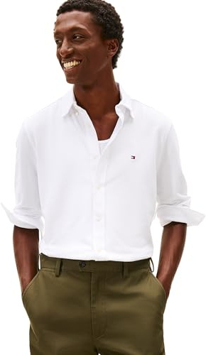 Tommy Hilfiger herr stickad Pique fjädervikt skjorta MW0MW41690 L/S skjorta, vit, XL, Vit (vit), XL