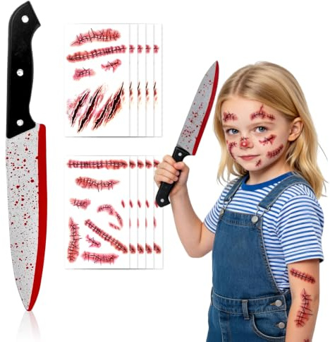 VOPIWOZ Narben Tattoo Halloween und Messer mit Blut, Fake Messer für Scream Kostüm, Horror Kostüm, Halloween Accessoires für Zombie, MöRder, SchläChter, Killer, Karneval, Mottoparty, Cosplay