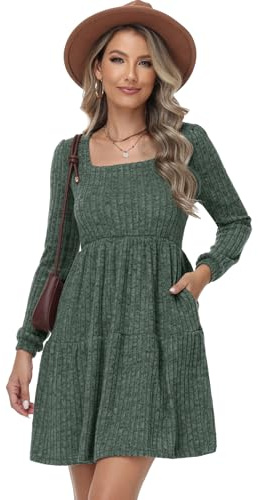 TrendiMax Women's Long Sleeve Ribbed Knit A-line Dress Square Neck Mini Casual Swing Sweater Dresses Green