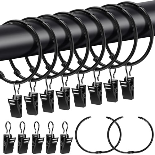 Caianwin 20 pièces Anneaux de rideau avec clips, Anneaux de rideau en métal à ouvrir 50 mm de diamètre intérieur, Anneaux de rideau avec crochets pour tringle, Rideau de douche (Noir)