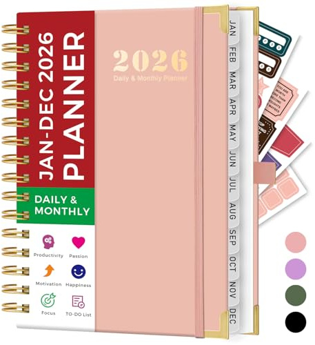 Agenda 2026, format A5, jour par page, janvier à décembre 2026, planificateur journalier et mensuel avec porte-stylo, onglets 12 mois, 4 autocollants de planificateur, poche intérieure, calendrier à